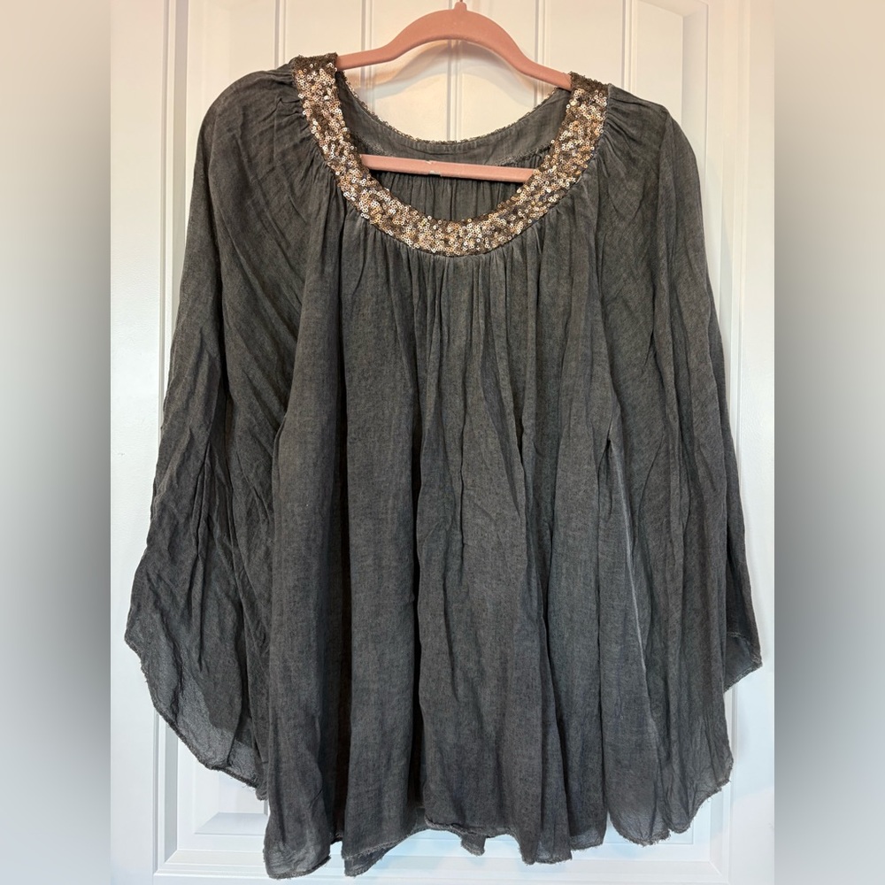 Gray gauze cotton with gold copper sequin at neck flowy blouse peasant smocked